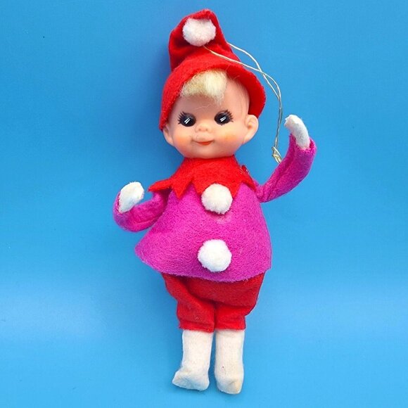 Vintage 1950s Pixie Elf Ornament Pink and Red Hat Pom-Poms Japan Felt Christmas - Picture 3 of 9